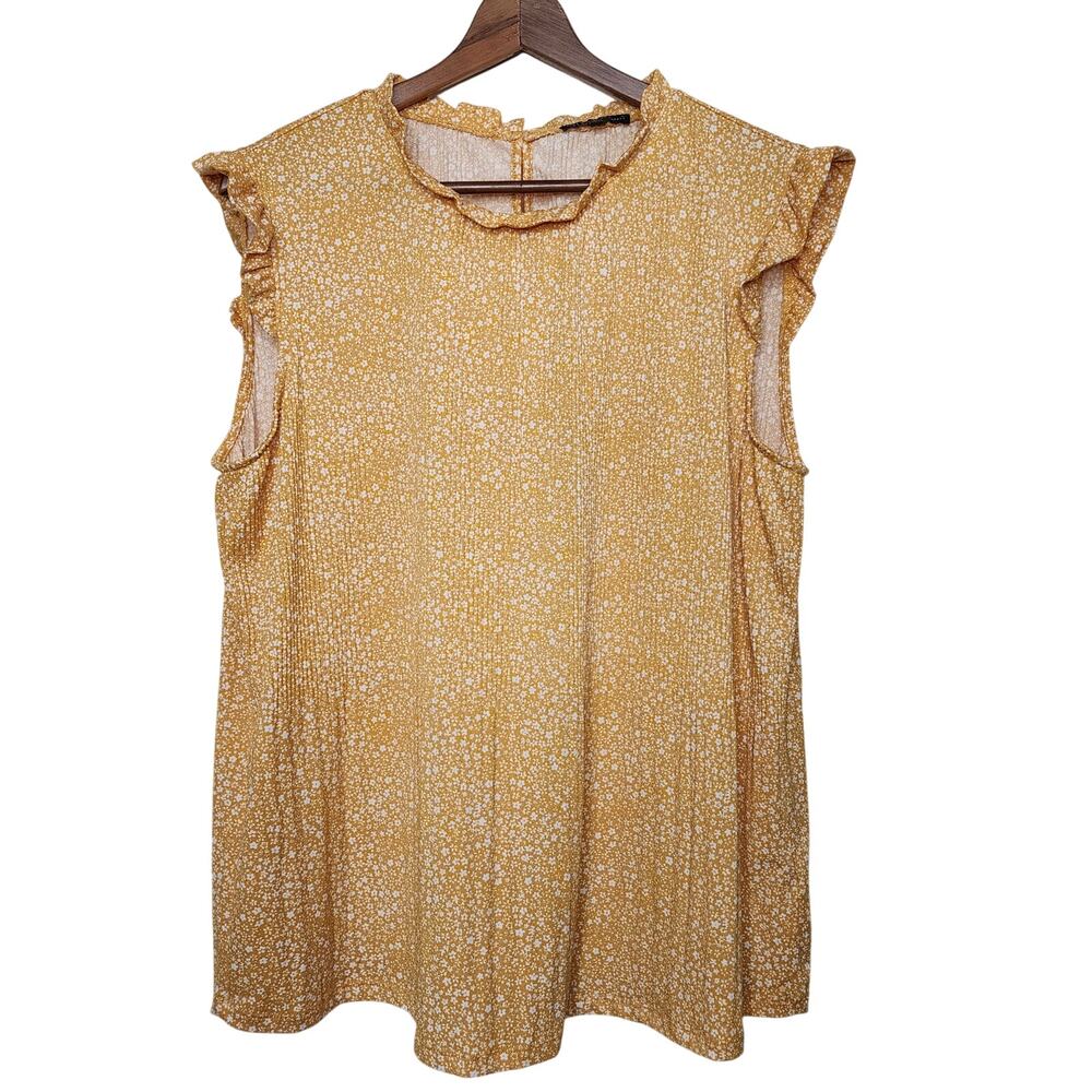 Adrianna Papell Yellow Floral Crinkle Sleeveless Blouse Top Size Large